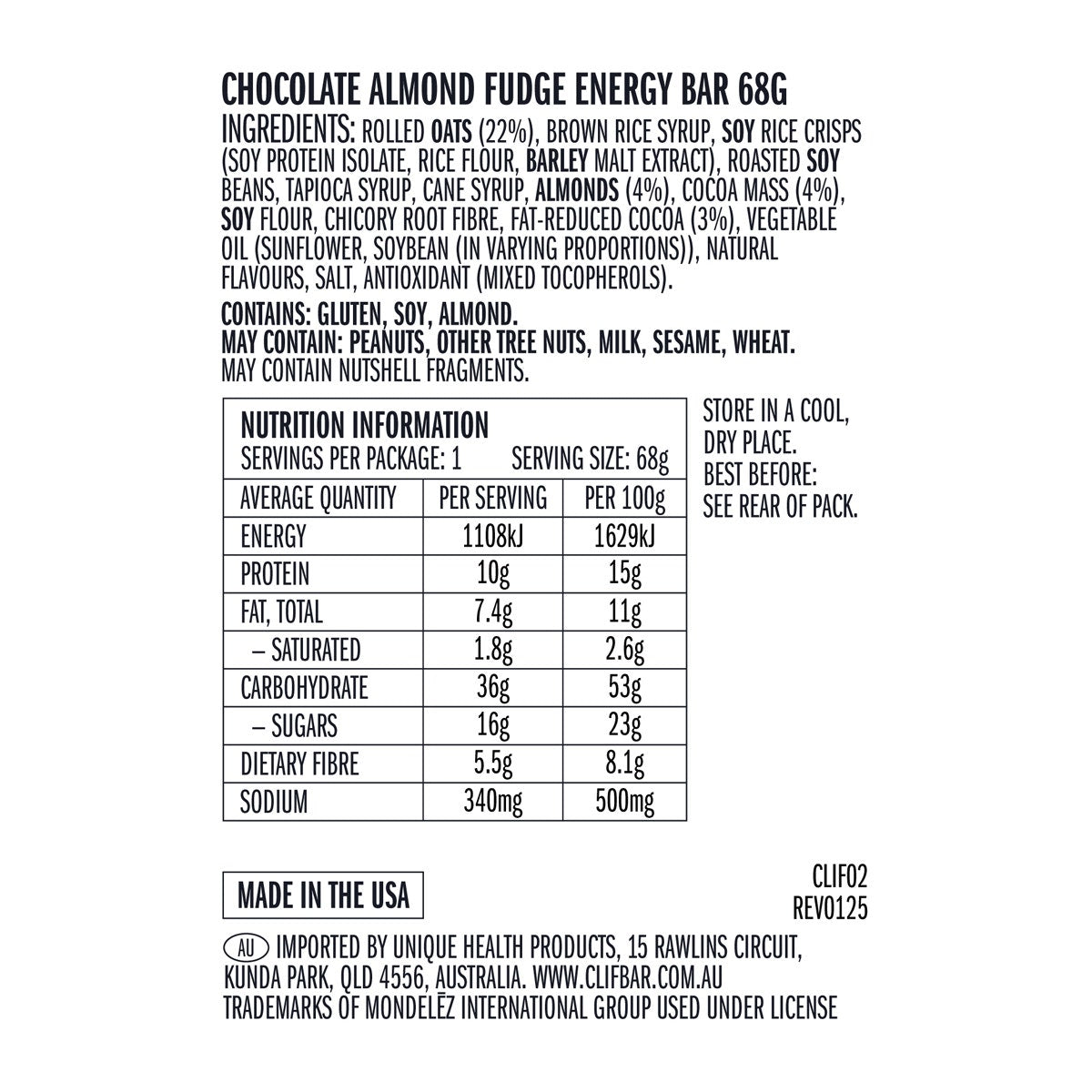 Clif Energy Bar Chocolate Almond Fudge 12x68g
