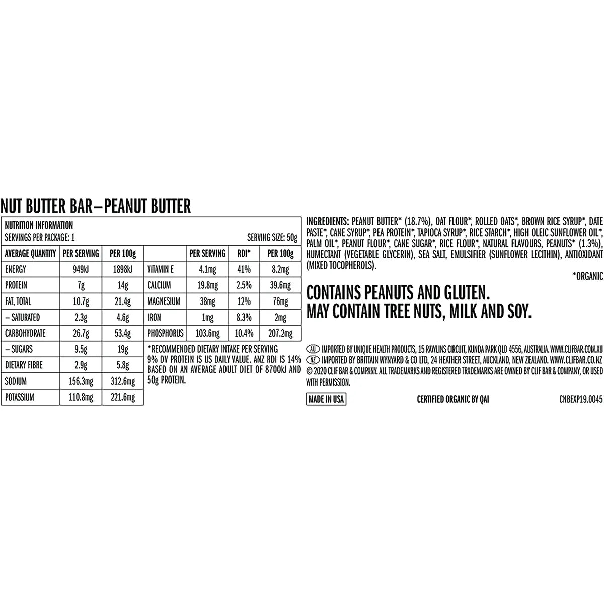 CLIF Nut Butter Bar Peanut Butter 50g 12PK