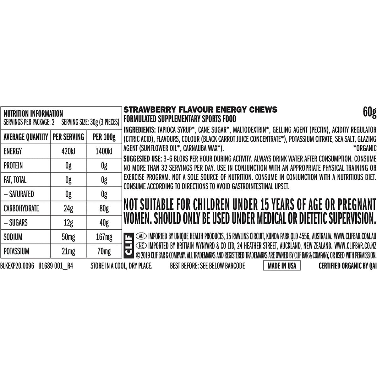 CLIF Bloks Energy Chews Strawberry 60g 18PK