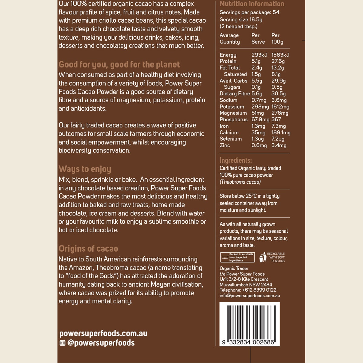 POWER SUPER FOODS Cacao Powder "The Origin Series" 1kg