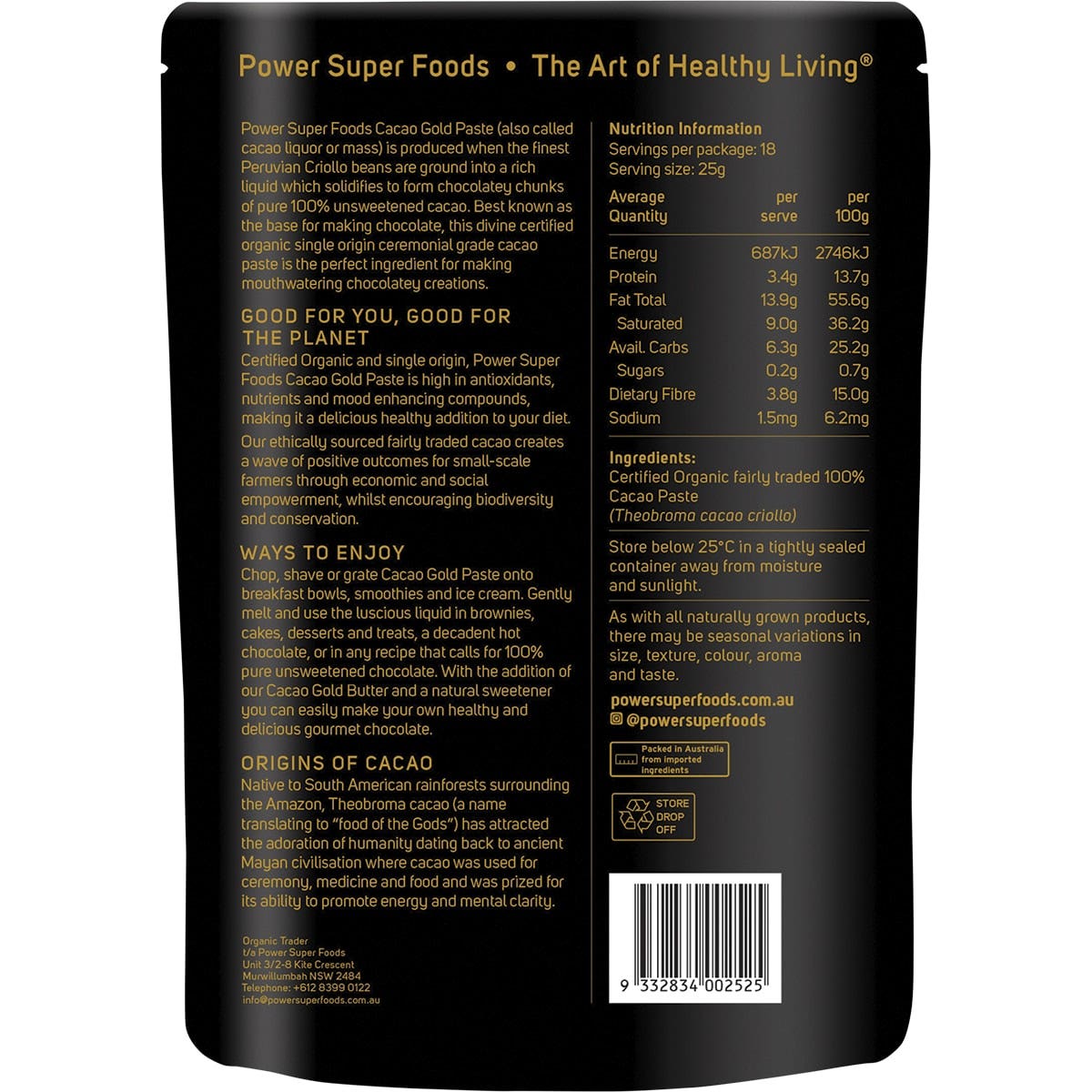 POWER SUPER FOODS Cacao Gold Paste Chunks Ceremonial Grade Cert Organic 450g