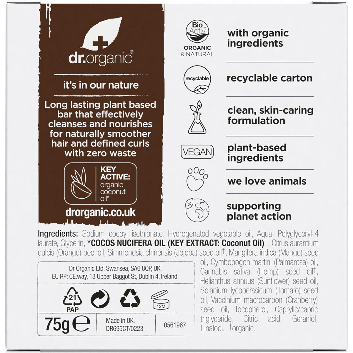 DR ORGANIC Shampoo & Conditioner Bar Coconut & Orange Curly&Thick Hair 75g