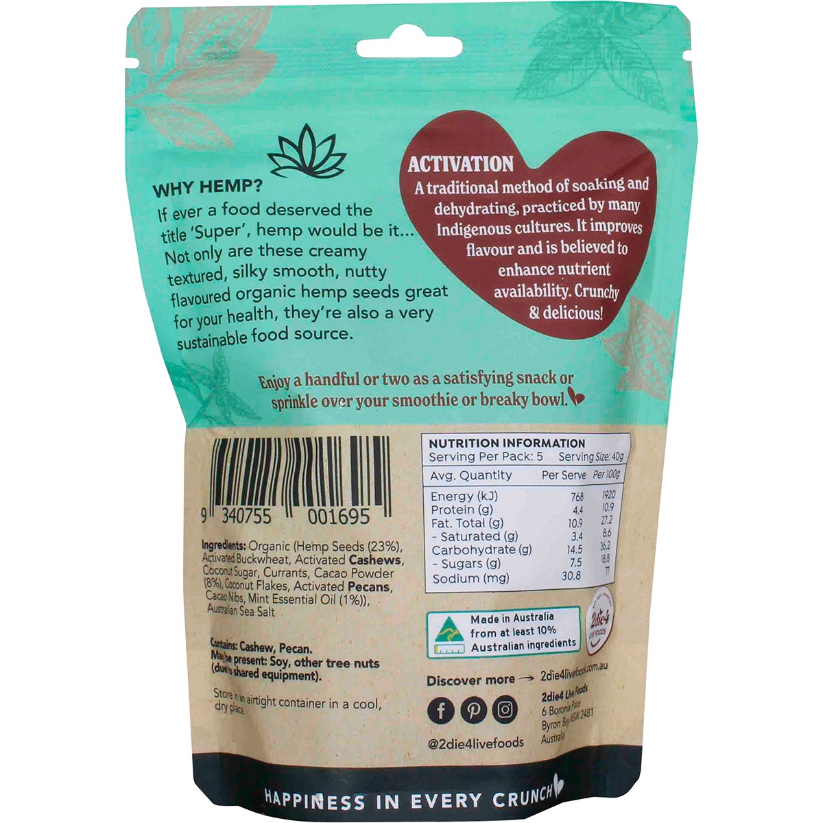 2die4 Live Foods Hemptations - Superfood Hemp Snack Mint Chocolate 200g