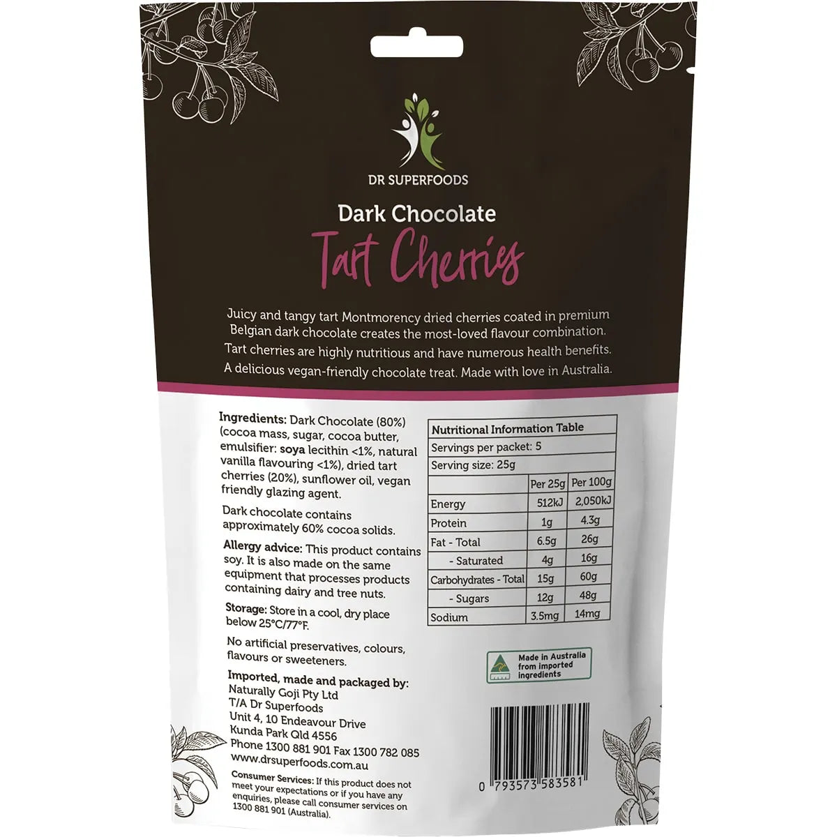 DR SUPERFOODS Tart Cherries Dark Chocolate 125g