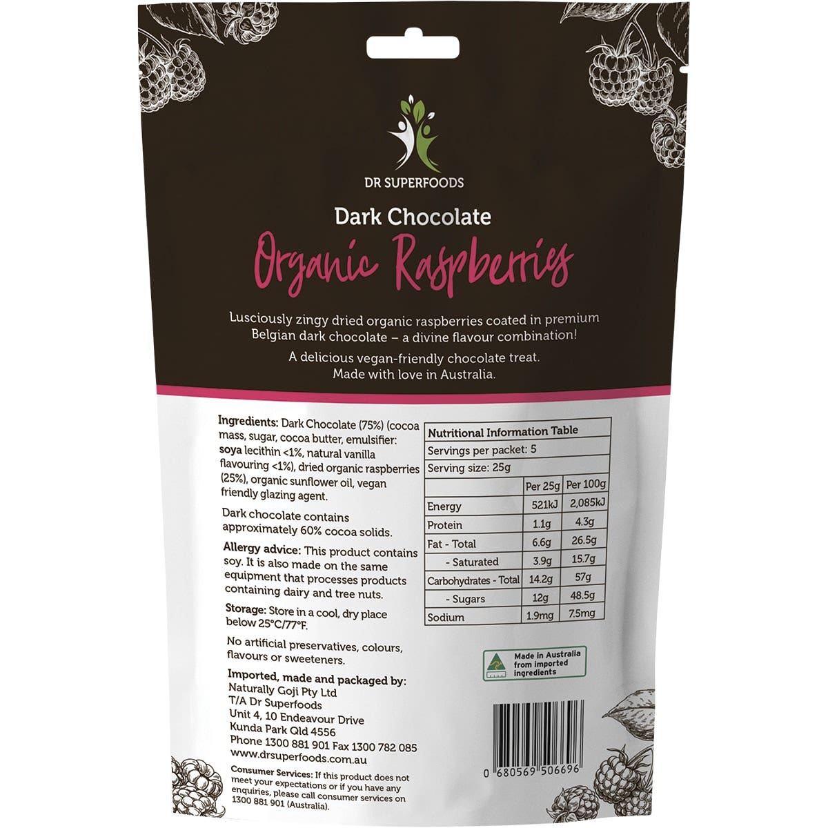 DR SUPERFOODS Raspberries Organic - Dark Chocolate 125g