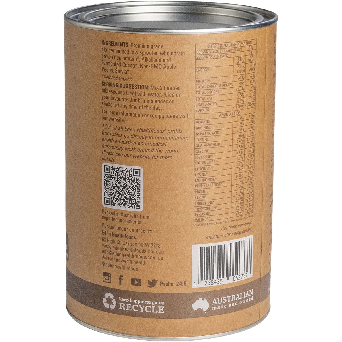 EDEN HEALTHFOODS Ultimate Protein Sprouted Brown Rice - Chocolate 1kg