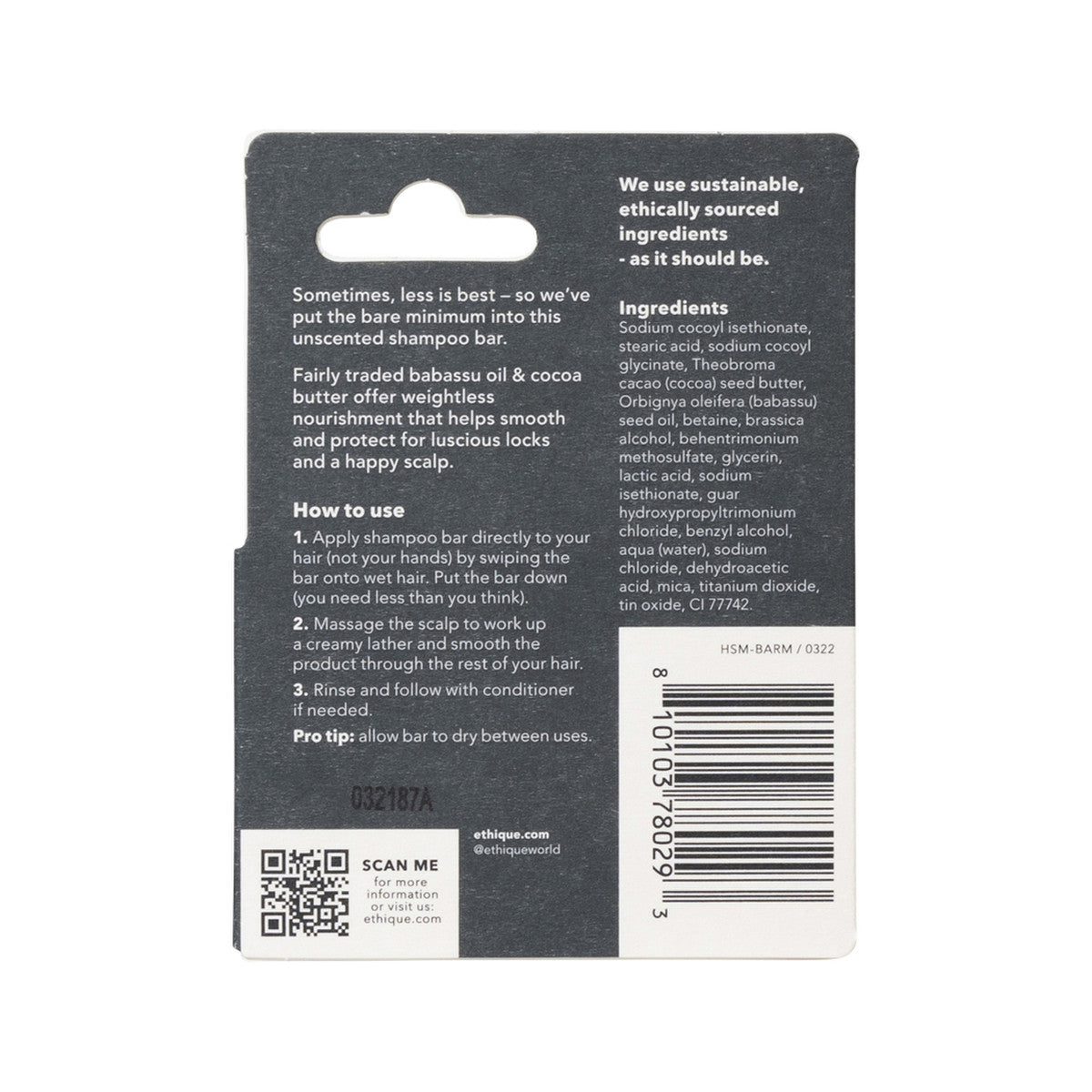 Ethique Bar Shampoo Solid Bar Minimum (Gently Cleanses Sensitive Scalps) Unscented 15g