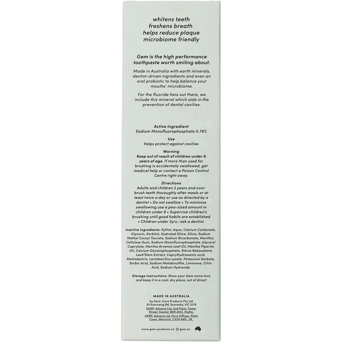 GEM Toothpaste Triple Whitening Fluoride Crisp Mint 100g