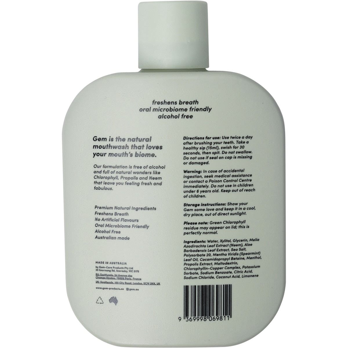 GEM Mouthwash - Premium Natural Crisp Mint 500ml