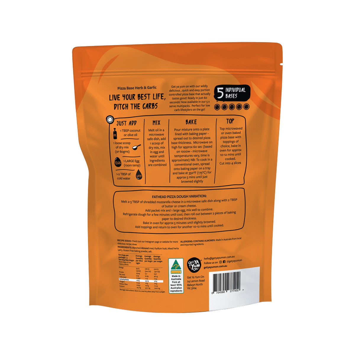 Get Ya Yum On (60 sec Keto) Pizza Base Herb and Garlic 300g