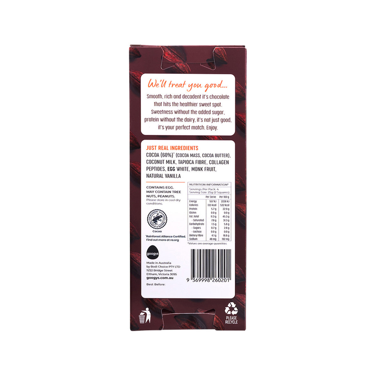 Googys Good + Choc Collagen + Egg Protein Chocolate Dark 100g(Pack of 10)