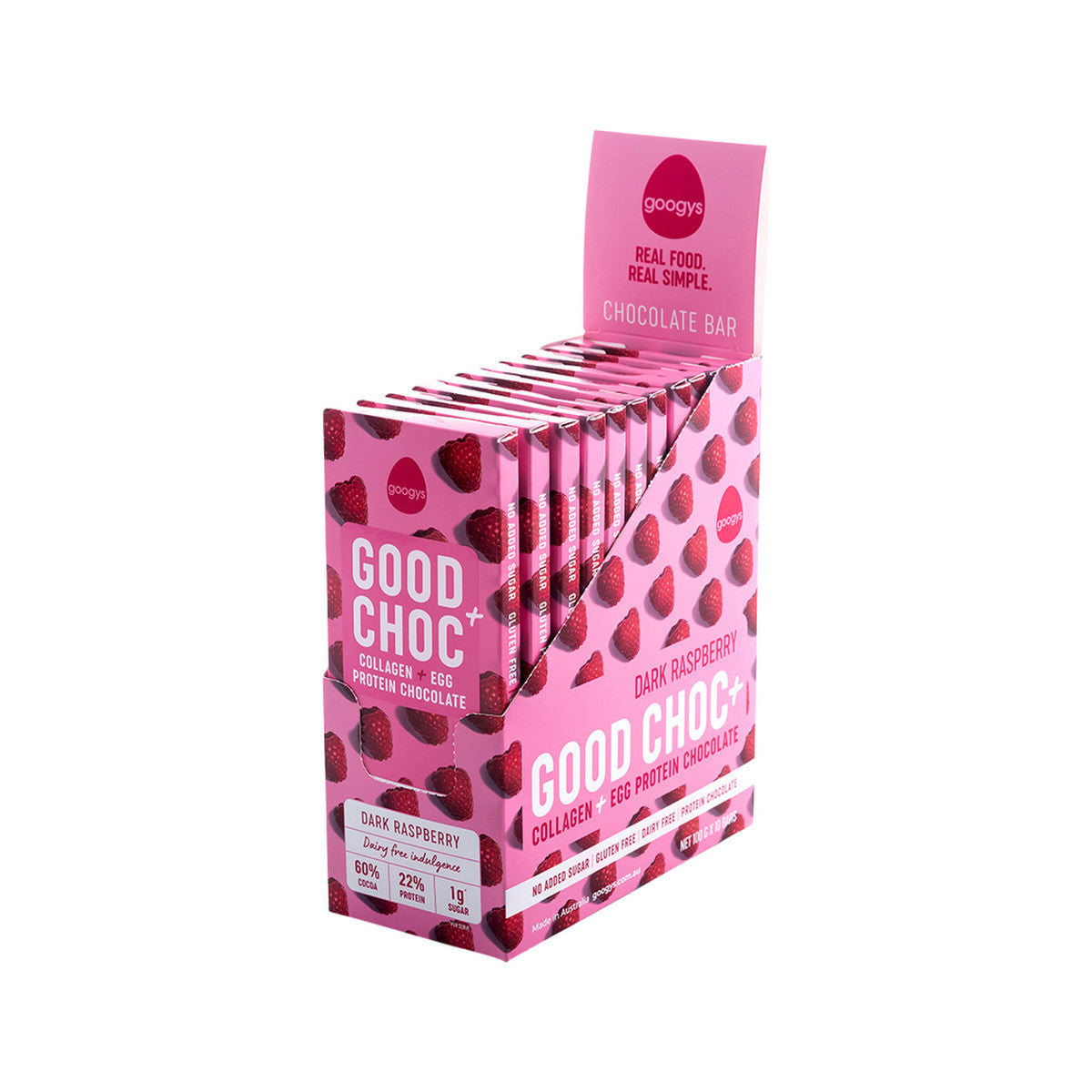 Googys Good + Choc Collagen + Egg Protein Chocolate Dark Raspberry 100g(Pack of 10)