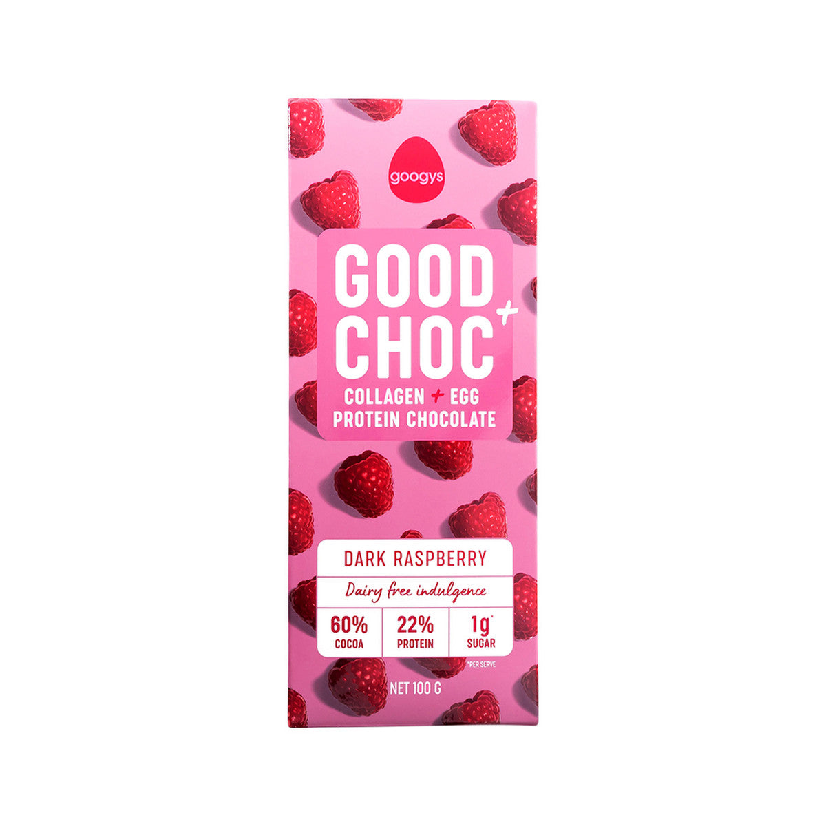 Googys Good + Choc Collagen + Egg Protein Chocolate Dark Raspberry 100g(Pack of 10)
