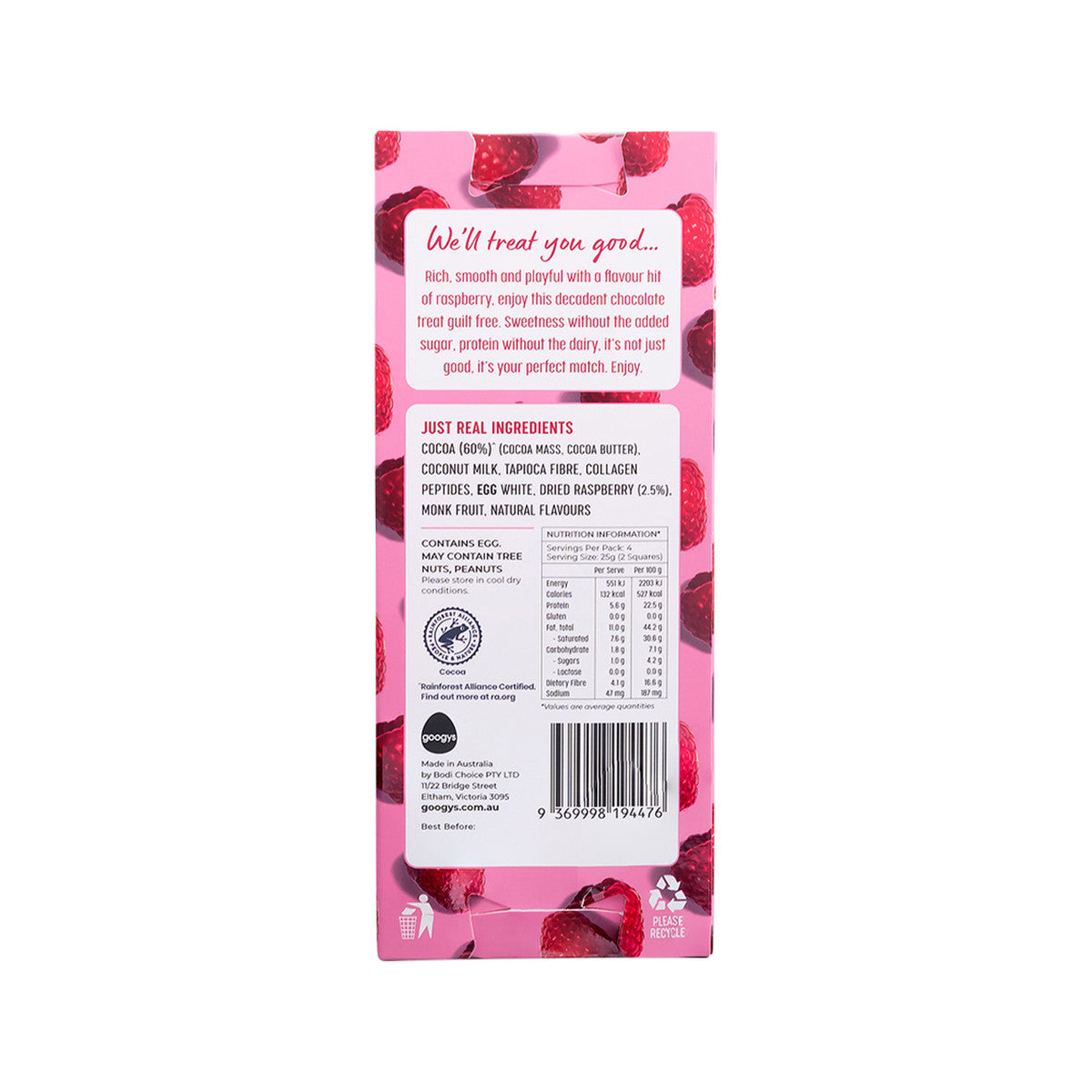Googys Good + Choc Collagen + Egg Protein Chocolate Dark Raspberry 100g(Pack of 10)