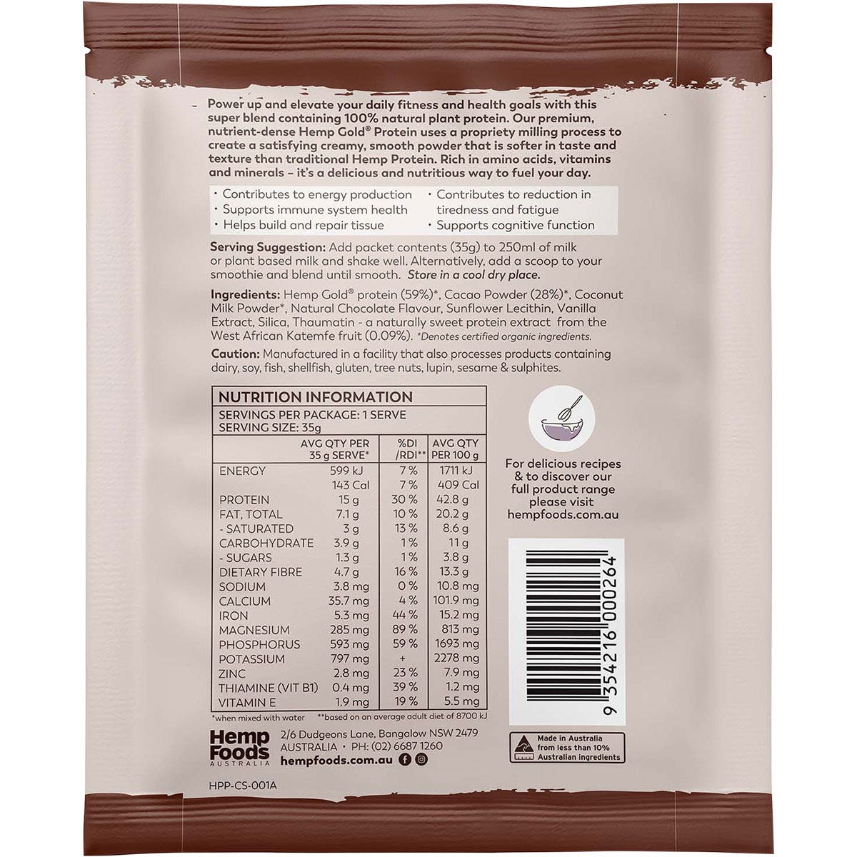 HEMP FOODS AUSTRALIA Organic Hemp Protein Chocolate 7x35g