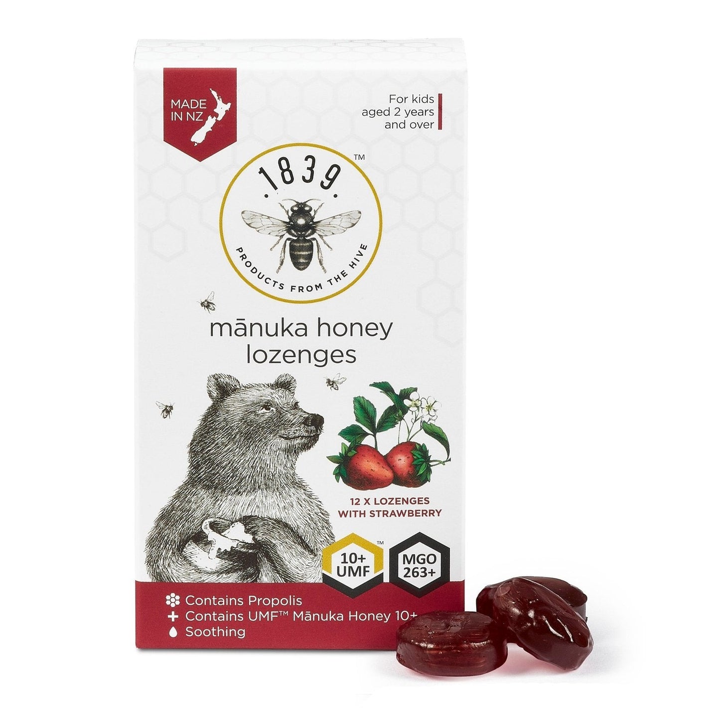 1839 Honey UMF 10+ Strawberry Lozenges 12 Pieces