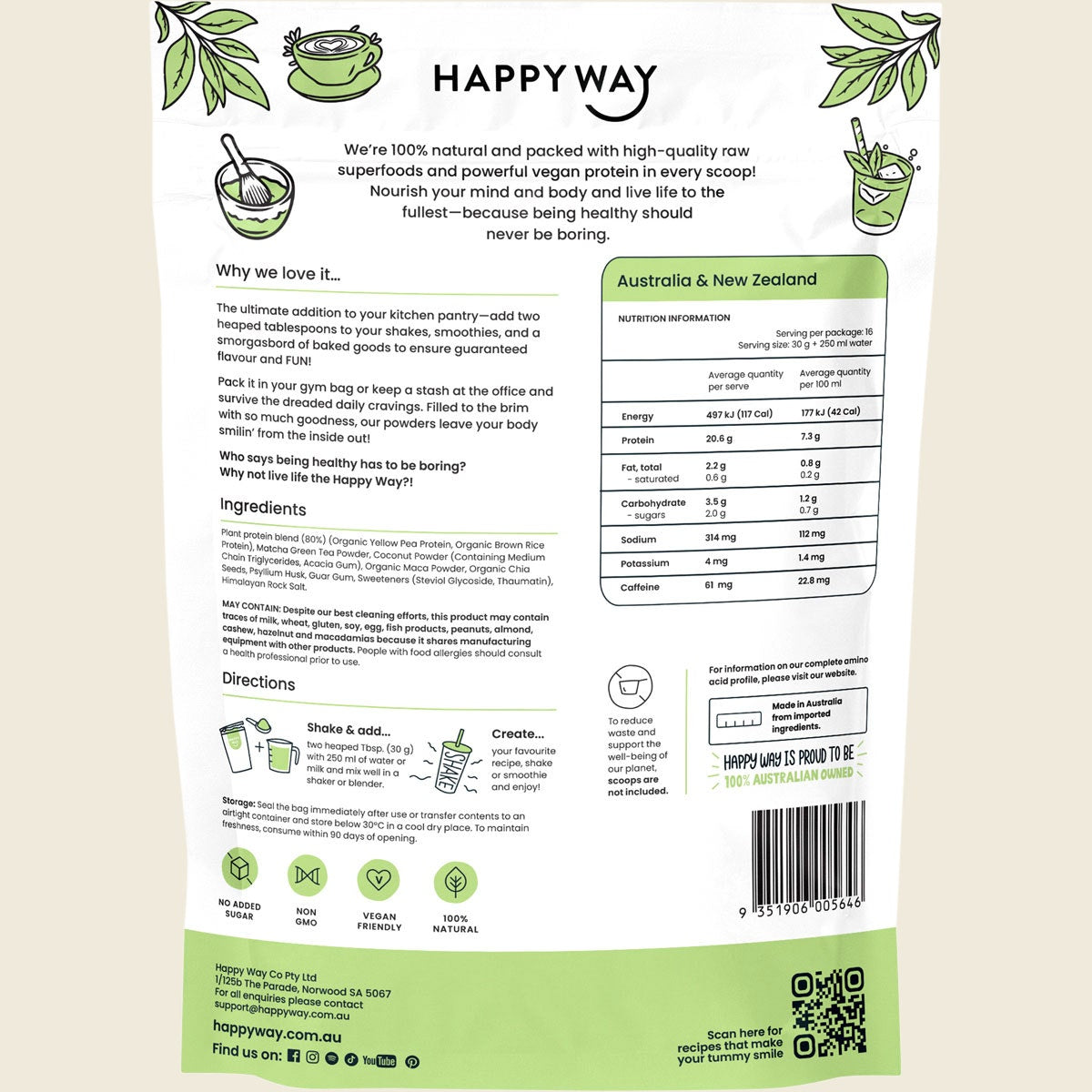 Happy Way Vegan Protein Powder Matcha Latte 500g