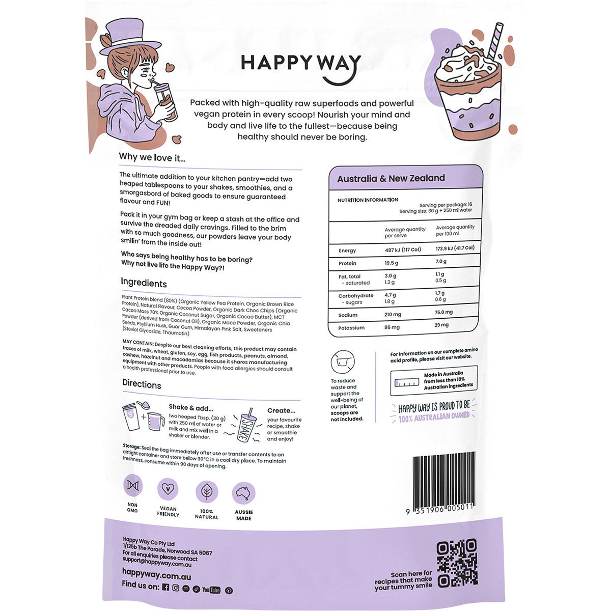 Happy Way Vegan Protein Powder Double Choc Chip 500g