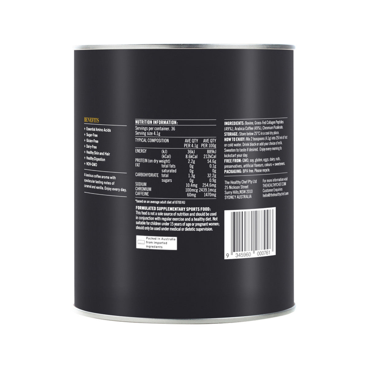 The Healthy Chef Collagen Coffee (Grass Fed Collagen + Arabica Coffee) Unsweetened 150g