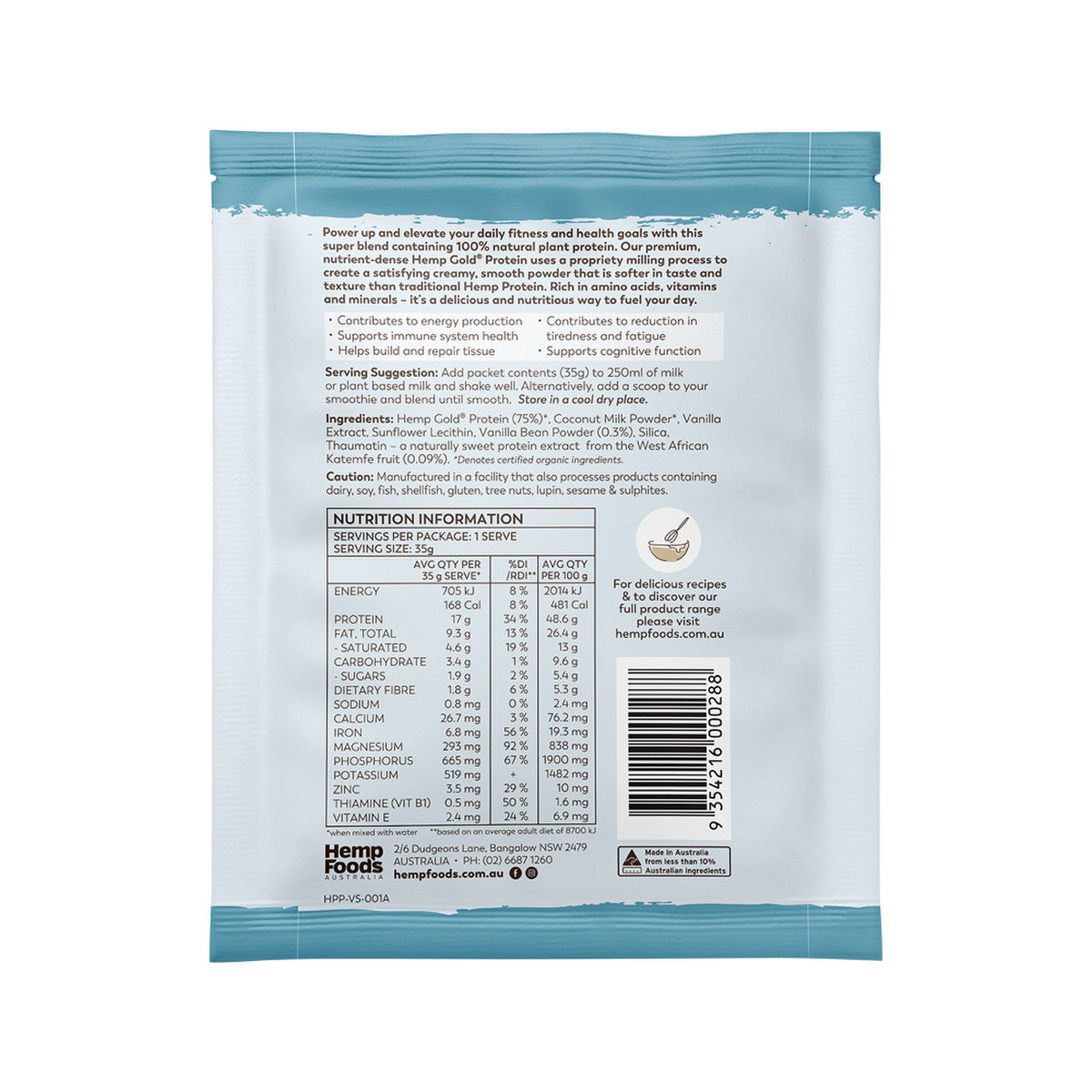 Hemp Foods Australia Organic Hemp Protein Shake Vanilla Bean Sachet 35g(Pack of 7)