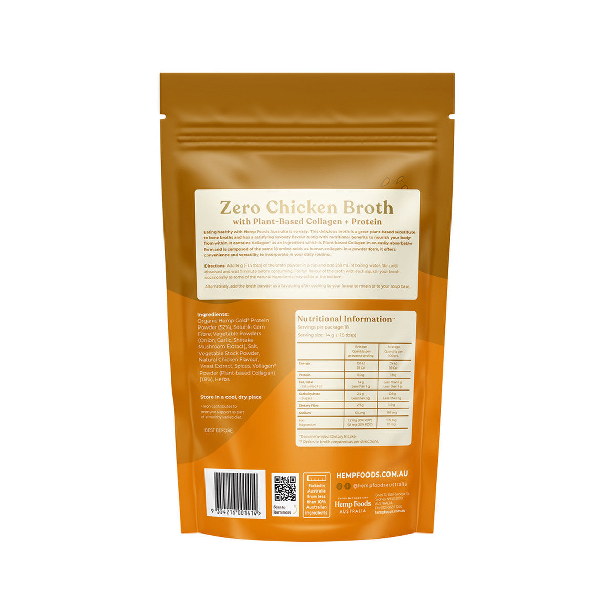 Hemp Foods Australia Broth Zero Chicken (Vegan) Immunity Support With Plant-Based Collagen + Protein 252g