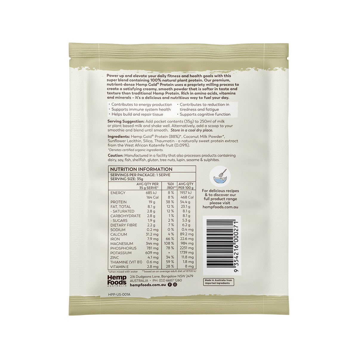 Hemp Foods Australia Organic Hemp Protein Shake Natural Sachet 35g (Pack of 7)
