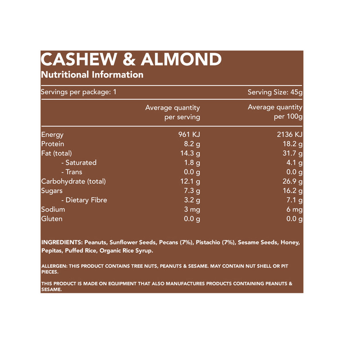 Kuranda Wholefoods Gluten Free Nut Bars Cashew & Almond 45g(Pack of 16)