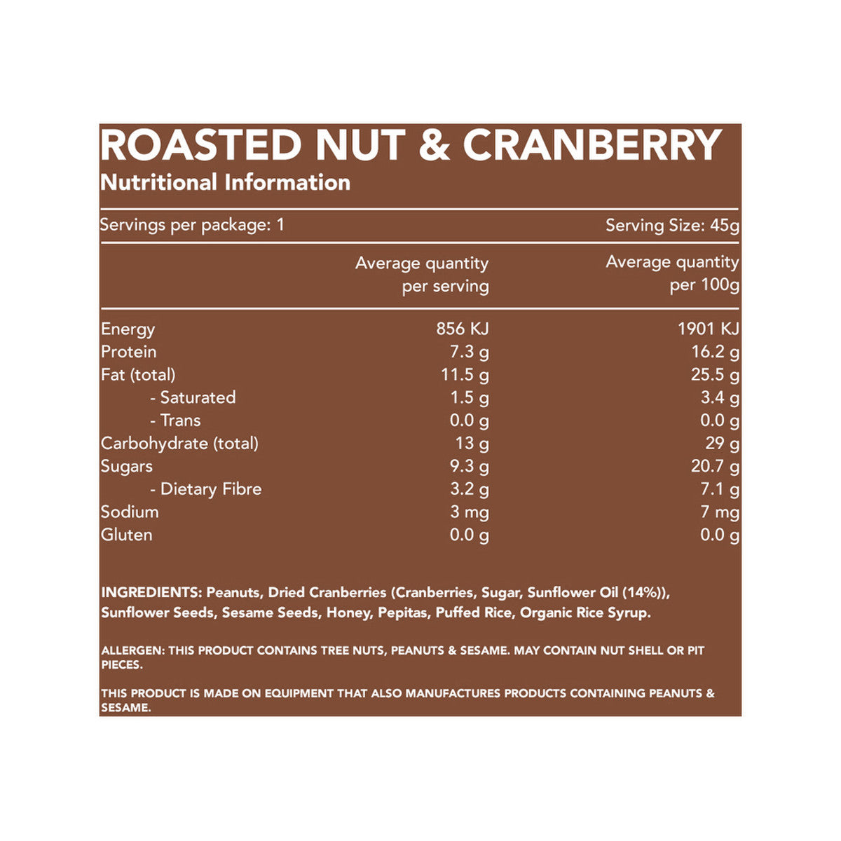 Kuranda Wholefoods Gluten Free Nut Bars Roasted Nut & Cranberry 45g(Pack of 16)