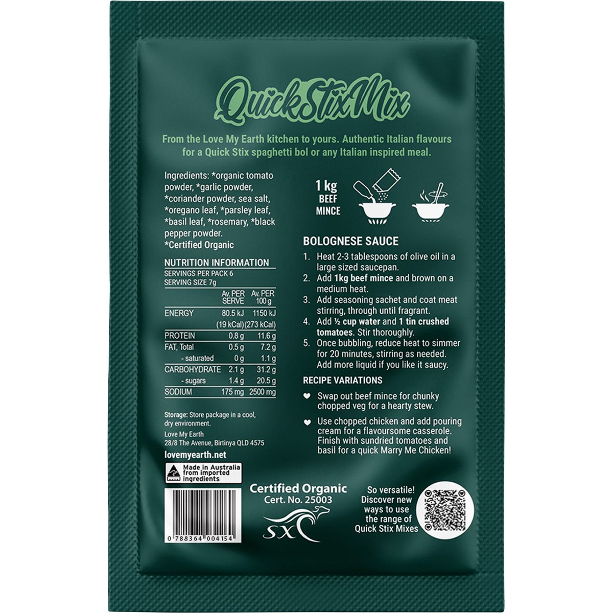 Love My Earth Quick Stix Mix Organic Recipe Base Bolognese 10x45g