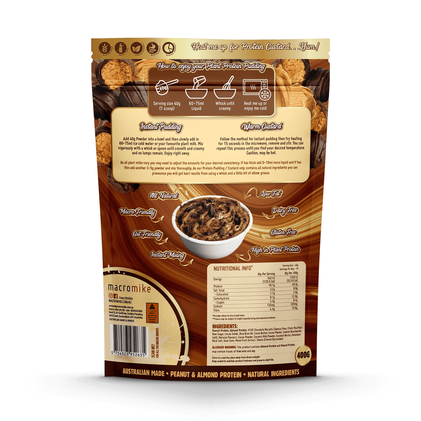 Macro Mike Plant Protein Pudding Choc Peanut Truffle Fudge 400g
