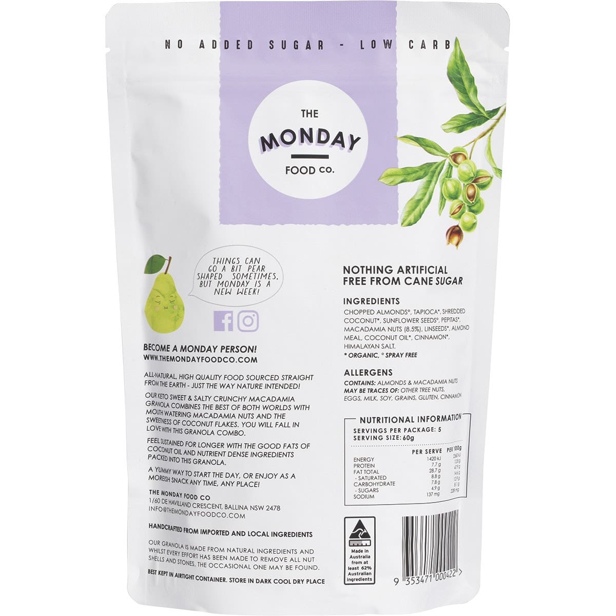 THE MONDAY FOOD CO Keto Gourmet Granola Sweet Crunchy Macadamia Clusters 300g