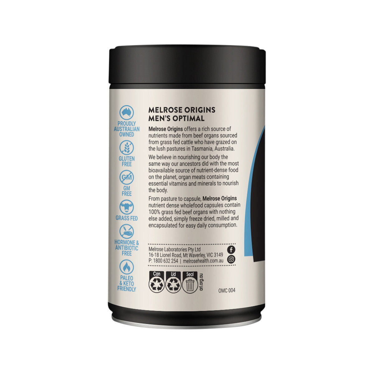 Melrose Origins Men's Optimal (Grass Fed Beef Organs 1000mg: Liver + Testicles + Heart) 120c