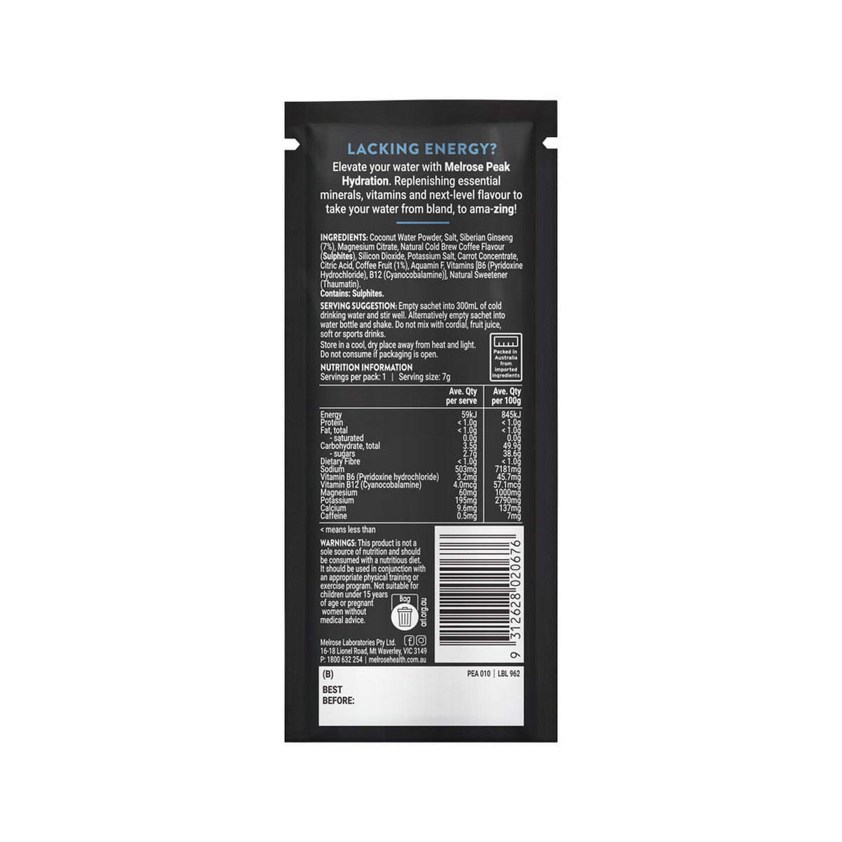 Melrose Peak Hydration + Clean Energy Cold Brew Coffee Sachet 7g(Pack of 20)