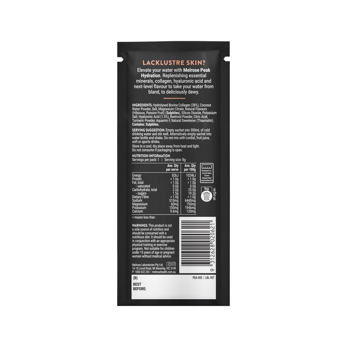 Melrose Peak Hydration + Collagen Booster Passionfruit Hibiscus Sachet 8g(Pack of 20)