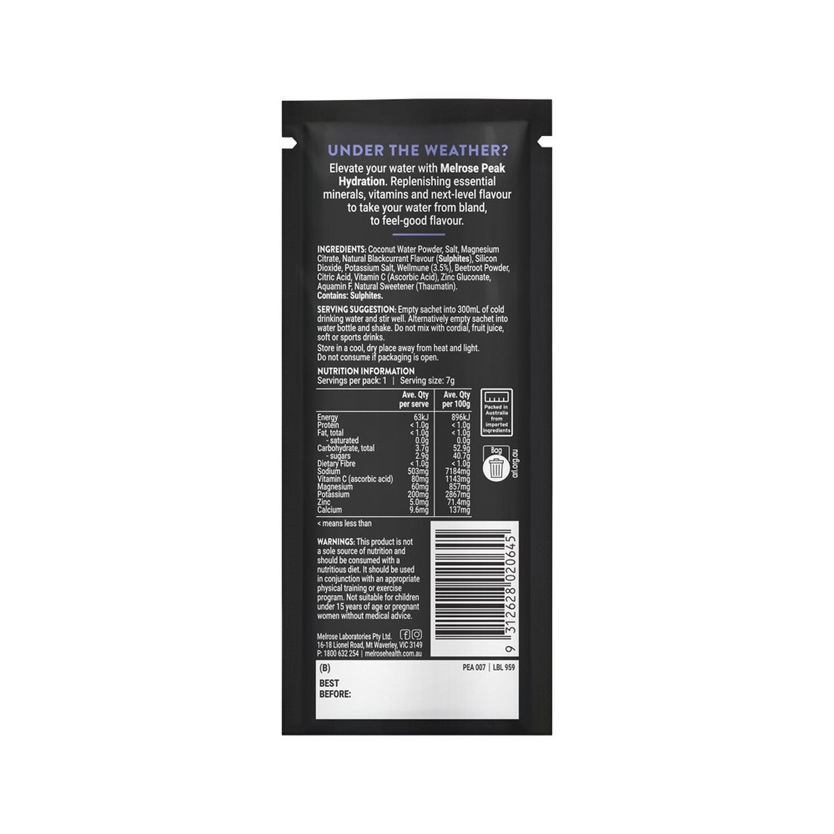 Melrose Peak Hydration + Immunity Blackcurrant Sachet 7g(Pack of 20)