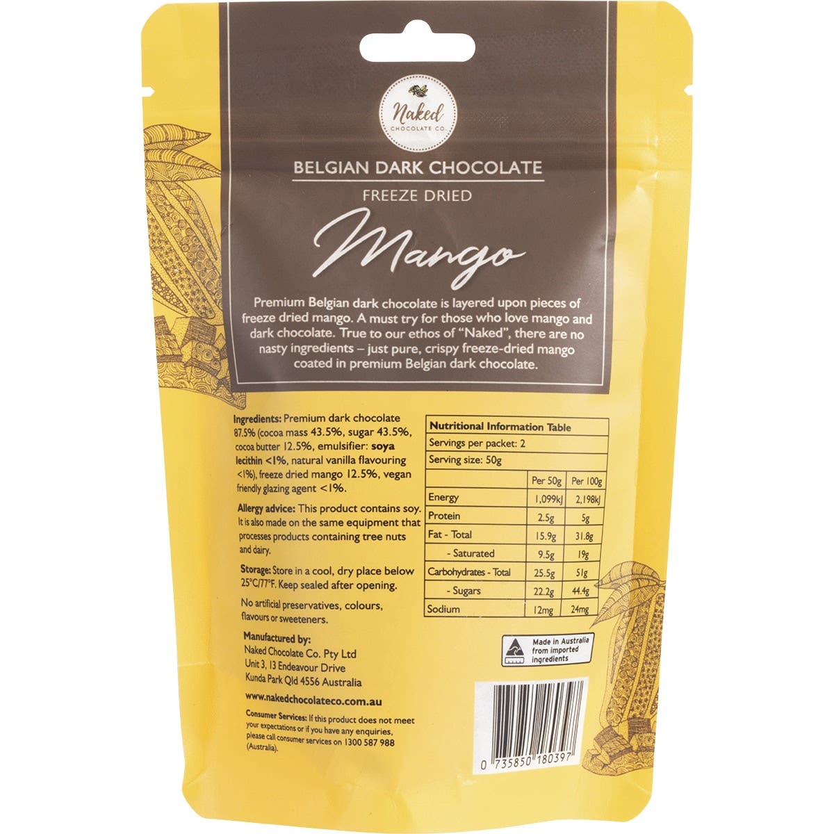NAKED CHOCOLATE CO Freeze Dried Mango Dark Chocolate 100g