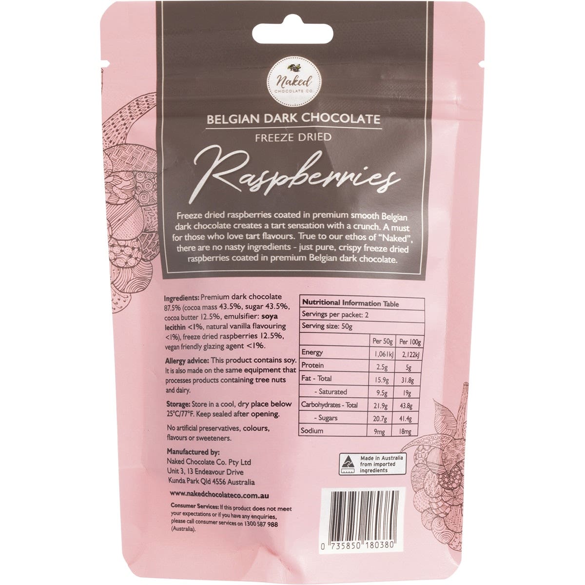 NAKED CHOCOLATE CO Freeze Dried Raspberries Dark Chocolate 100g