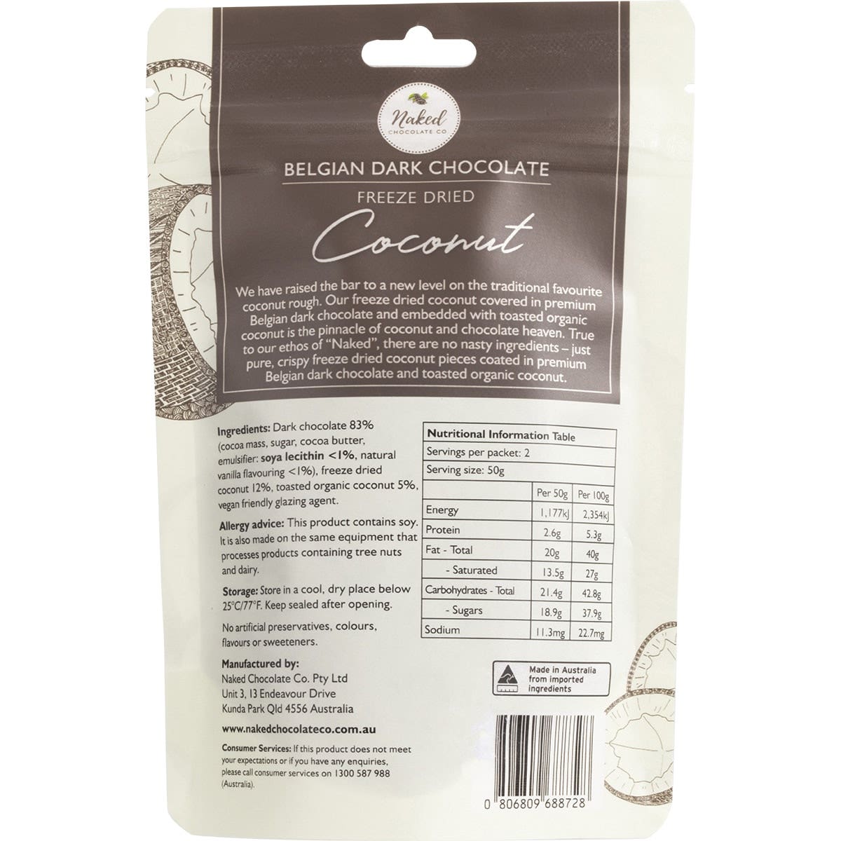 NAKED CHOCOLATE CO Freeze Dried Coconut Dark Chocolate 100g