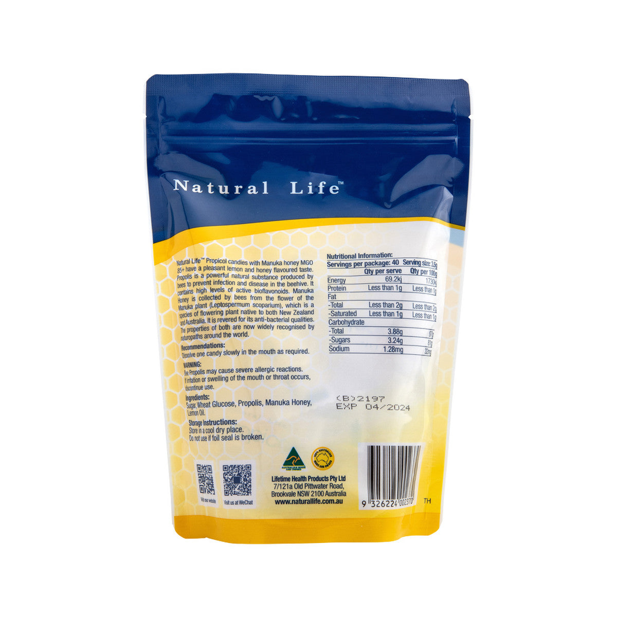 Natural Life Propicol (Propolis & Manuka Honey Candies) with manuka honey MGO 85+ Lemon and Honey x 40 Pack
