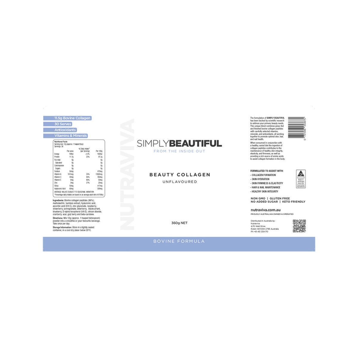 Nutraviva (NesProteins) Simply Beautiful Beauty Collagen Bovine Formula Unflavoured 360g