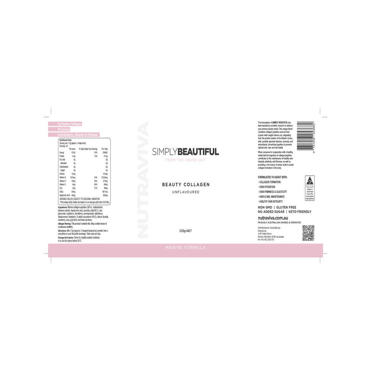 Nutraviva (NesProteins) Simply Beautiful Beauty Collagen Marine Formula Unflavoured 225g