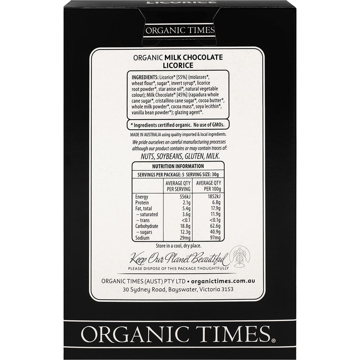 ORGANIC TIMES Milk Chocolate Licorice 150g
