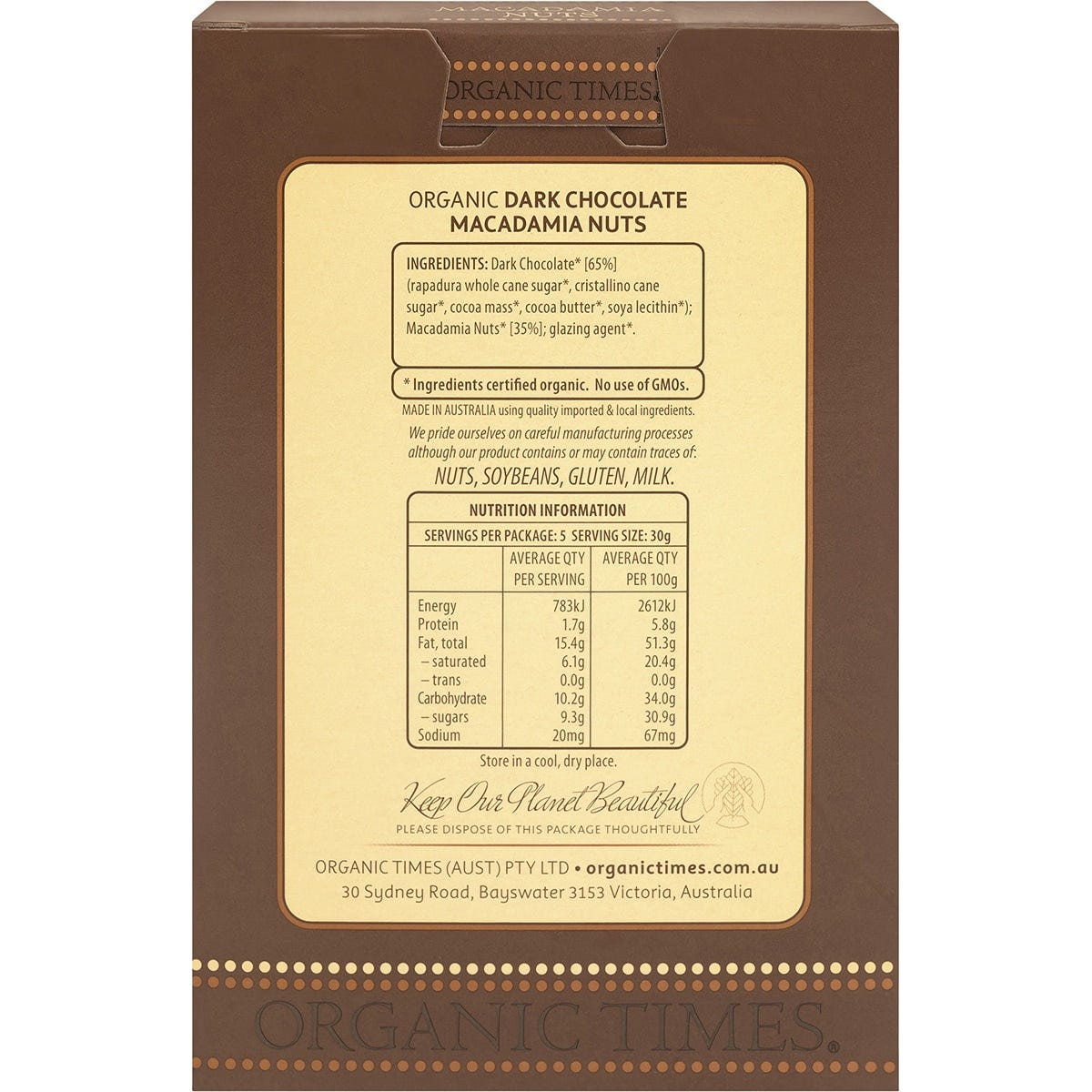 ORGANIC TIMES Dark Chocolate Macadamia Nuts 150g