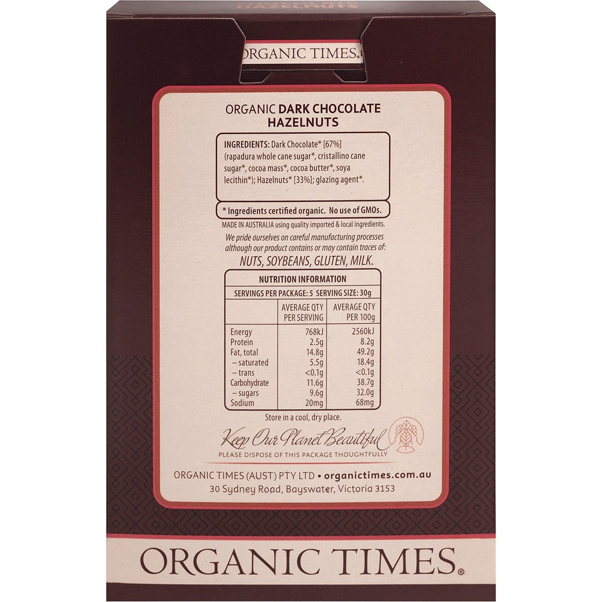 ORGANIC TIMES Dark Chocolate Hazelnuts 150g