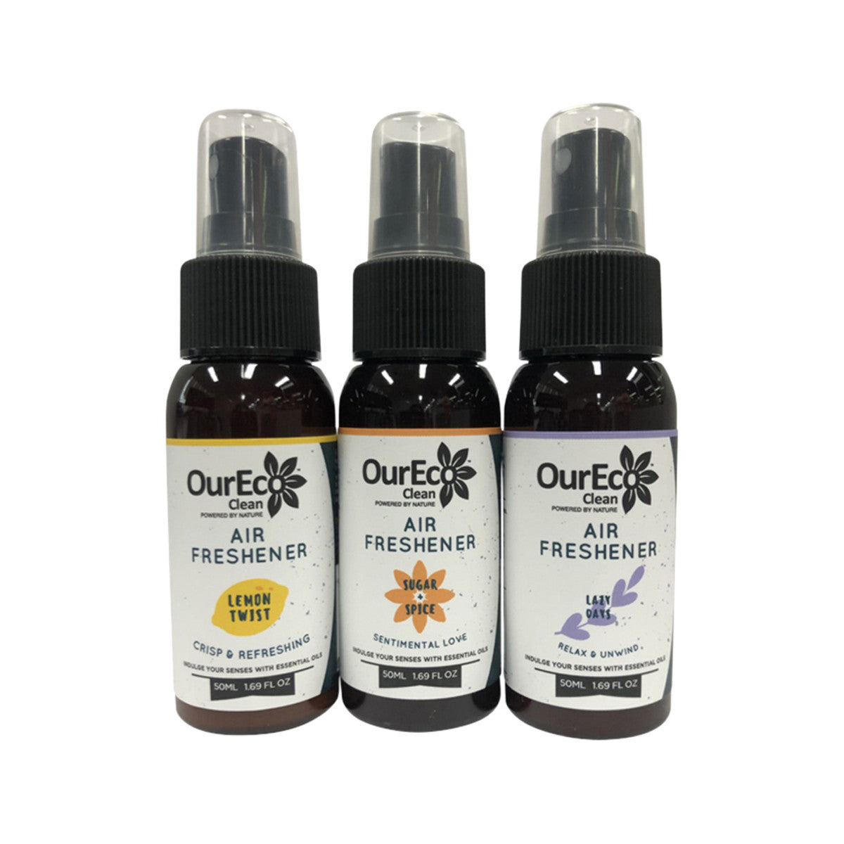 OurEco Clean Air Freshener Travel Mates 50ml x 3 Pack (contains: Lazy Days, Sugar & Spice & Lemon Twist)