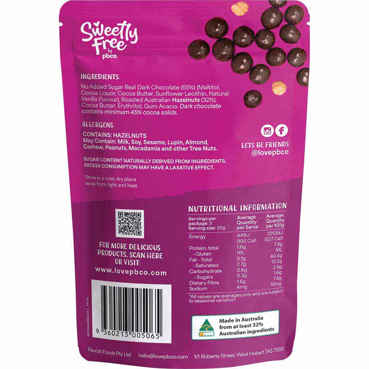 Pbco Sweetly Free Hazelnuts Dark Chocolate No Sugar Added 100g