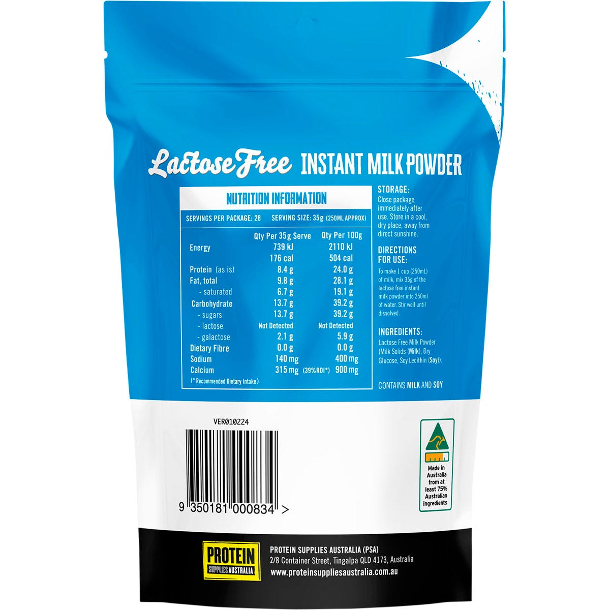 PROTEIN SUPPLIES AUSTRALIA Whole Milk Powder Lactose Free 1kg