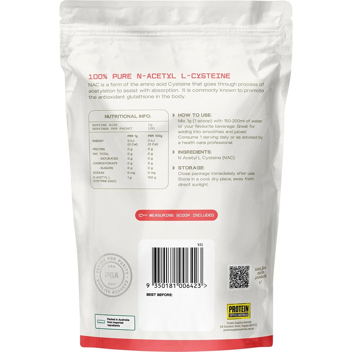 Protein Supplies Australia NAC Unflavoured 100g