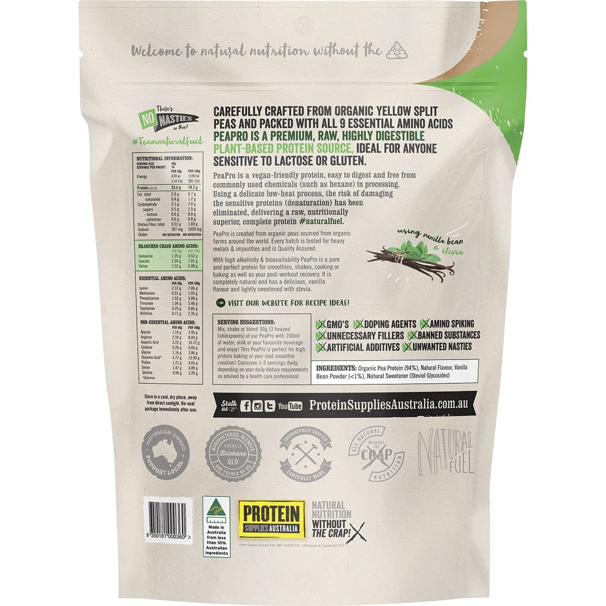 Protein Supplies Australia Protein Pea Pro (Raw Organic Pea Protein) Vanilla Bean 500g