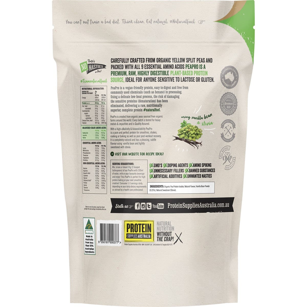 PROTEIN SUPPLIES AUSTRALIA PeaPro (Raw Pea Protein) Vanilla Bean 1kg